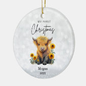 Baby's 1e Eerste Kerstmis Highland Koe Zonnebloeme Keramisch Ornament (Links)