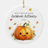Babys 1e Halloween Schattigee pompoen & bladeren O Keramisch Ornament (Achterkant)