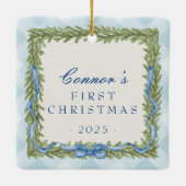 Baby's 1e Kerst Blauwe Gingham foto Keramisch Ornament (Achterkant)
