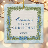 Baby's 1e Kerst Blauwe Gingham foto Keramisch Ornament