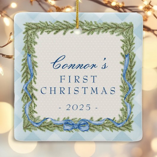 Baby's 1e Kerst Blauwe Gingham foto Keramisch Ornament