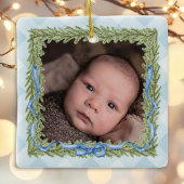 Baby's 1e Kerst Blauwe Gingham foto Keramisch Ornament