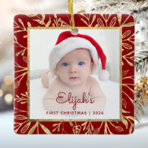 Baby's 1e kerst foto bordeauxrood goud blad