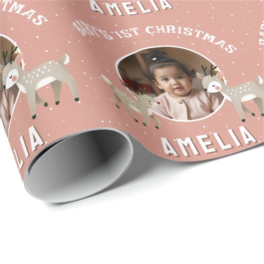 Baby's 1e kerst rendier aandenken foto cadeaupapier (Rol Hoek)