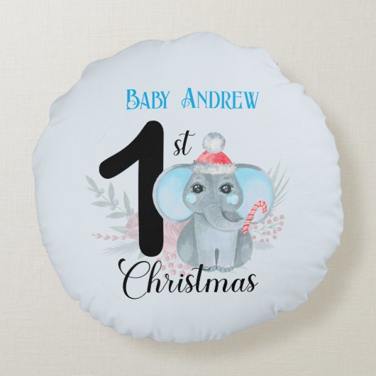 Baby's 1e Kerst Schattige Blauwe Olifant Keepsake Rond Kussen (Achterkant)