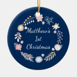 Baby's 1e kerstfeest Blauw botanisch Keramisch Ornament