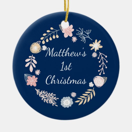 Baby's 1e kerstfeest Blauw botanisch Keramisch Ornament (Voorkant)