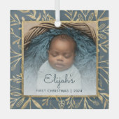 Baby's 1e Kerstfoto Blauwgroen Blauw Goud Blad Glas Ornament (Voorkant)