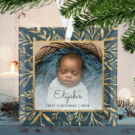 Baby's 1e Kerstfoto Blauwgroen Blauw Goud Blad Glas Ornament