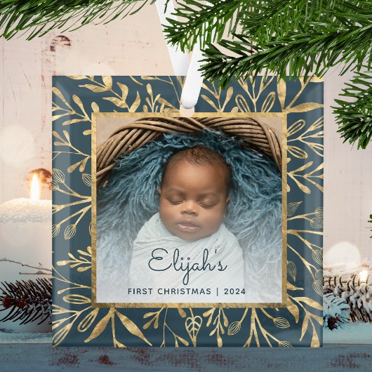 Baby's 1e Kerstfoto Blauwgroen Blauw Goud Blad Glas Ornament