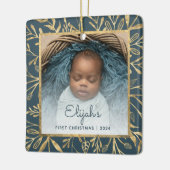 Baby's 1e Kerstfoto Blauwgroen Blauw Goud Blad Keramisch Ornament (Links)