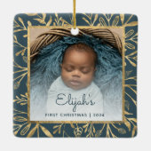 Baby's 1e Kerstfoto Blauwgroen Blauw Goud Blad Keramisch Ornament (Achterkant)