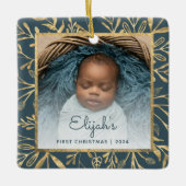 Baby's 1e Kerstfoto Blauwgroen Blauw Goud Blad Keramisch Ornament (Voorkant)