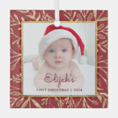 Baby's 1e kerstfoto Bourgondië gouden gebladerte Glas Ornament (Voorkant)