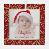 Baby's 1e kerstfoto Bourgondië gouden gebladerte Glas Ornament (Achterkant)