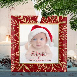 Baby's 1e kerstfoto Bourgondië gouden gebladerte Glas Ornament