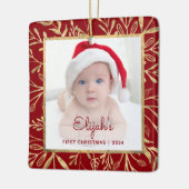 Baby's 1e kerstfoto Bourgondië gouden gebladerte Keramisch Ornament (Links)