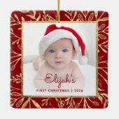 Baby's 1e kerstfoto Bourgondië gouden gebladerte Keramisch Ornament (Achterkant)