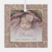 Baby's 1e Kerstfoto Dusty Roos Gold Foliage Glas Ornament (Voorkant)