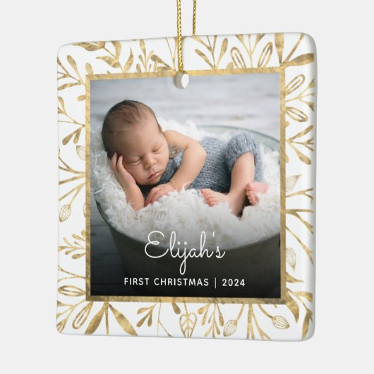 Baby's 1e Kerstfoto Goud Bladerdeeg Wit Keramisch Ornament (Links)