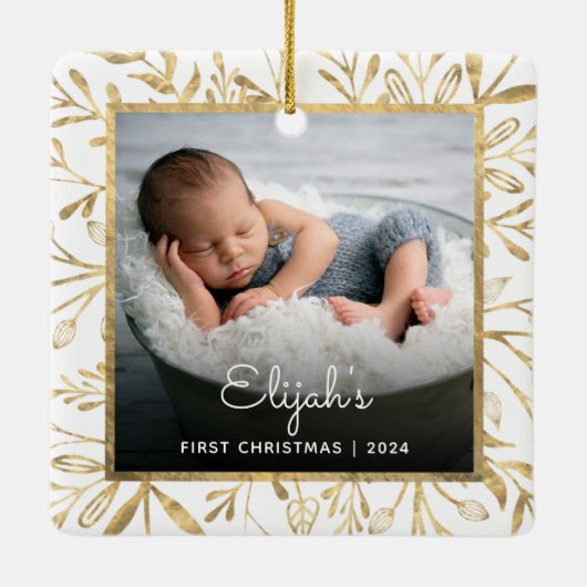 Baby's 1e Kerstfoto Goud Bladerdeeg Wit Keramisch Ornament (Achterkant)