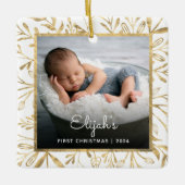 Baby's 1e Kerstfoto Goud Bladerdeeg Wit Keramisch Ornament (Voorkant)