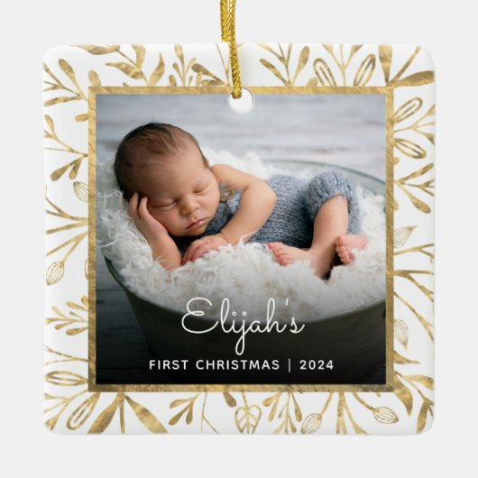 Baby's 1e Kerstfoto Goud Bladerdeeg Wit Keramisch Ornament (Voorkant)