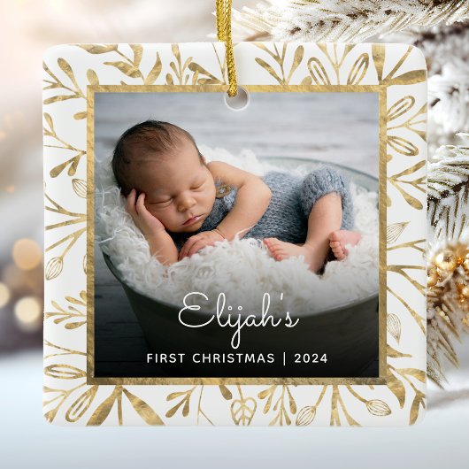 Baby's 1e Kerstfoto Goud Bladerdeeg Wit Keramisch Ornament