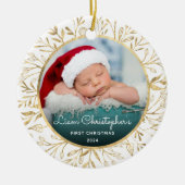 Baby's 1e Kerstfoto Goud Bladerdeeg Wit Ronde Keramisch Ornament (Voorkant)