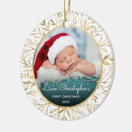 Baby's 1e Kerstfoto Goud Bladerdeeg Wit Ronde Keramisch Ornament (Links)