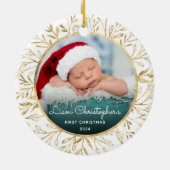 Baby's 1e Kerstfoto Goud Bladerdeeg Wit Ronde Keramisch Ornament (Achterkant)