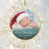 Baby's 1e Kerstfoto Goud Bladerdeeg Wit Ronde Keramisch Ornament