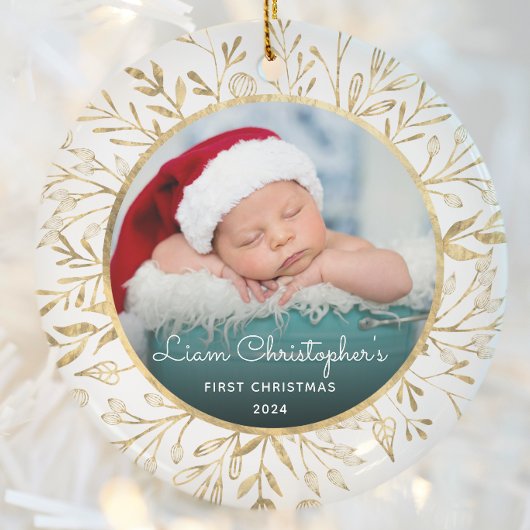 Baby's 1e Kerstfoto Goud Bladerdeeg Wit Ronde Keramisch Ornament