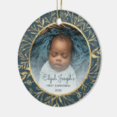Baby's 1e Kerstfoto Goud Bladerdek Blauwgroen Rond Keramisch Ornament (Links)