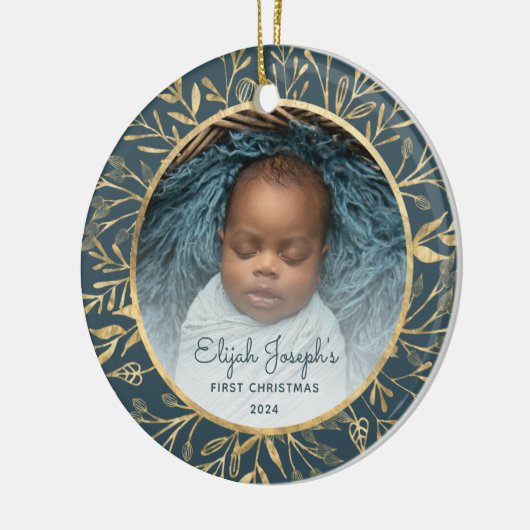 Baby's 1e Kerstfoto Goud Bladerdek Blauwgroen Rond Keramisch Ornament (Links)