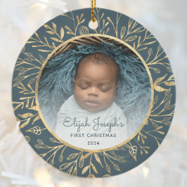 Baby's 1e Kerstfoto Goud Bladerdek Blauwgroen Rond Keramisch Ornament