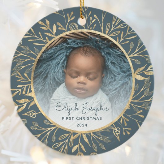 Baby's 1e Kerstfoto Goud Bladerdek Blauwgroen Rond Keramisch Ornament