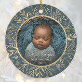 Baby's 1e Kerstfoto Goud Bladerdek Blauwgroen Rond Keramisch Ornament