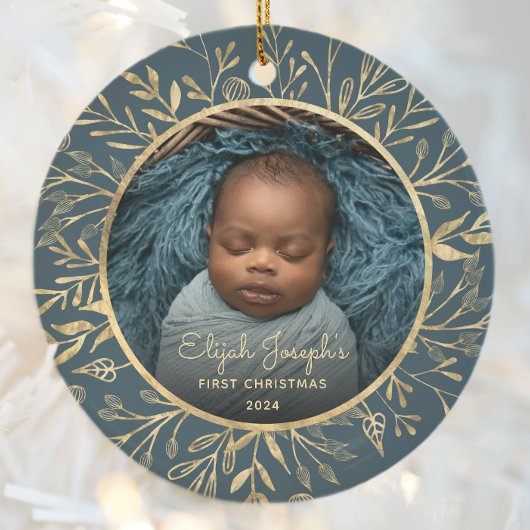 Baby's 1e Kerstfoto Goud Bladerdek Blauwgroen Rond Keramisch Ornament