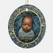 Baby's 1e Kerstfoto Goud Bladerdek Blauwgroen Rond Keramisch Ornament (Links)