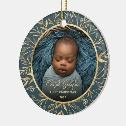 Baby's 1e Kerstfoto Goud Bladerdek Blauwgroen Rond Keramisch Ornament (Links)
