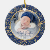 Baby's 1e Kerstfoto Goud Bladerdek Marine Blauw Keramisch Ornament (Voorkant)