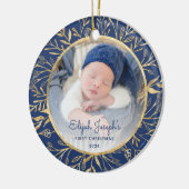 Baby's 1e Kerstfoto Goud Bladerdek Marine Blauw Keramisch Ornament (Links)