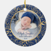 Baby's 1e Kerstfoto Goud Bladerdek Marine Blauw Keramisch Ornament (Achterkant)