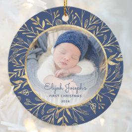 Baby's 1e Kerstfoto Goud Bladerdek Marine Blauw Keramisch Ornament