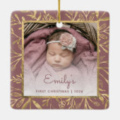 Baby's 1e Kerstfoto Goud Bladerdek Stoffig Roos Keramisch Ornament (Achterkant)