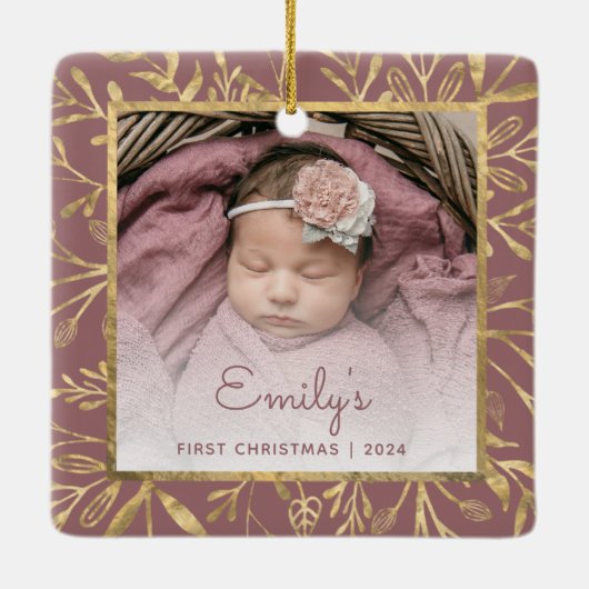 Baby's 1e Kerstfoto Goud Bladerdek Stoffig Roos Keramisch Ornament (Achterkant)