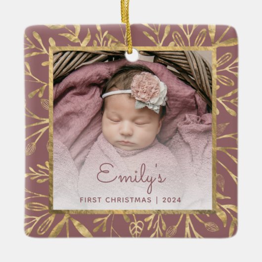 Baby's 1e Kerstfoto Goud Bladerdek Stoffig Roos Keramisch Ornament (Voorkant)