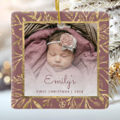 Baby's 1e Kerstfoto Goud Bladerdek Stoffig Roos Keramisch Ornament