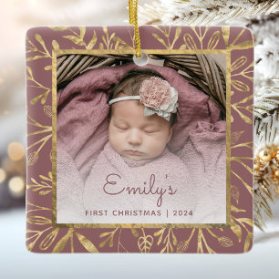 Baby's 1e Kerstfoto Goud Bladerdek Stoffig Roos Keramisch Ornament